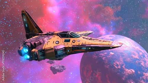 Wallpaper Mural A futuristic spaceship navigating through a colorful cosmic landscape. Torontodigital.ca