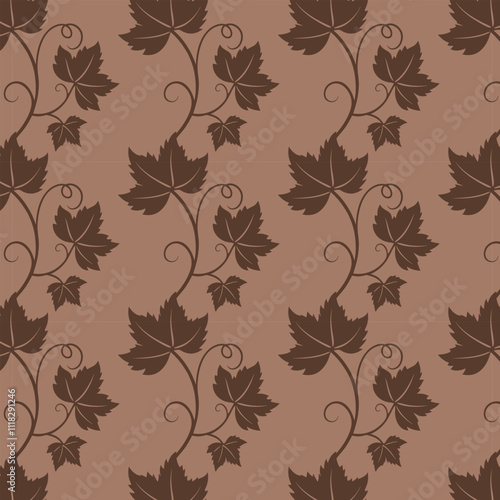 Grape vine with leaves pattern, brown chocolate vine silhouette on mocha mousse background.