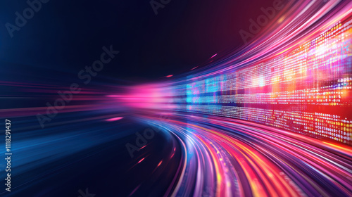 Futuristic digital landscape with vibrant light trails and data streams