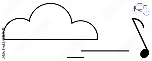 Outline of a cloud with a black musical note and a connection icon representing data transfer. Ideal for cloud computing, music streaming, technology, data storage, online media, digital