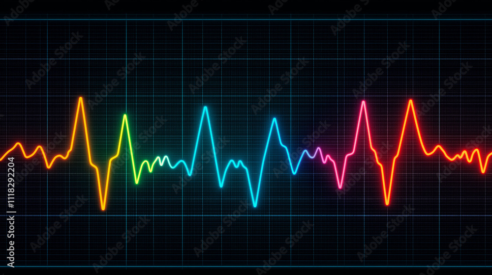 Naklejka premium Heart rate variability HRV concept. Heart rate variability displayed on a heart monitor screen, illustrating health tracking and physiological data analysis.