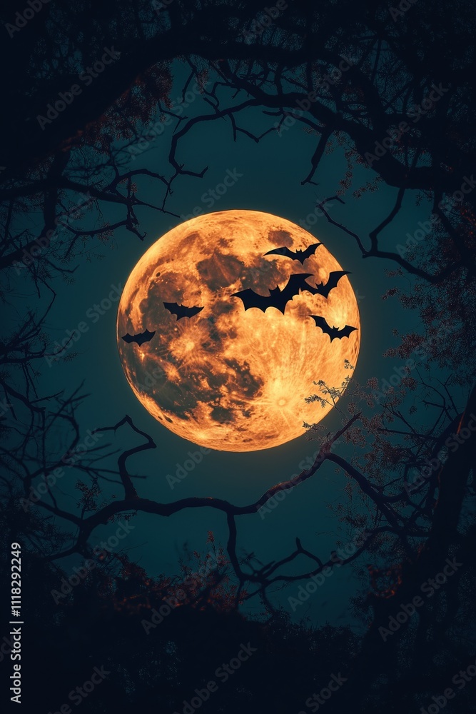 Bats soar across a luminous full moon during a tranquil night sky Bats soar across a luminous full moon during a tranquil night sky