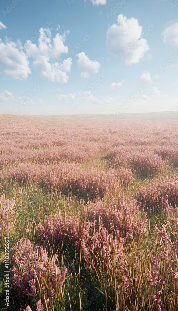 Serene pink field under a blue sky. Serene pink field under a blue sky.
