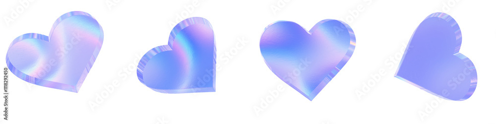 Set of 4 3d glass heart shape with aberration effect isolated on a transparent background. Blue tone. 3d transparent elements for graphic design. Set of 4 3d glass heart shape with aberration effect isolated on a transparent background. Blue tone. 3d transparent elements for graphic design.