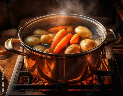 Papas y zanahorias en fuente o olla estilo rustico 