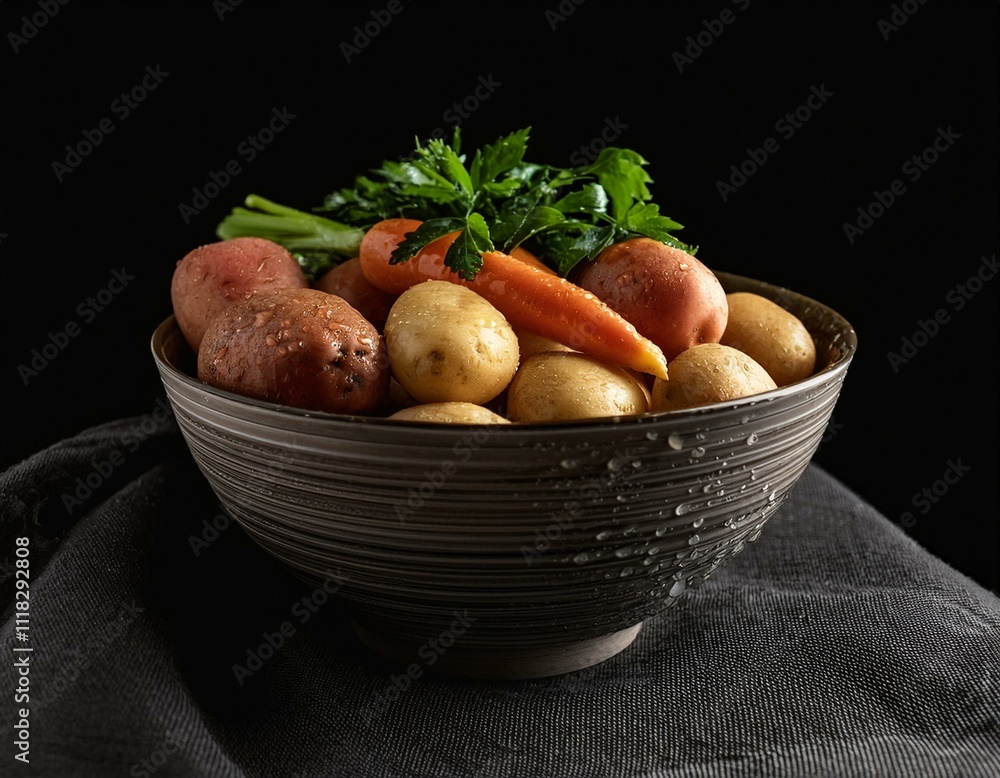 Papas y zanahorias en fuente o olla estilo rustico Papas y zanahorias en fuente o olla estilo rustico