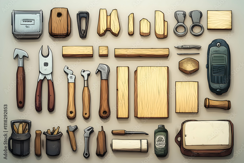 Flat lay of various woodworking tools and materials. Flat lay of various woodworking tools and materials.