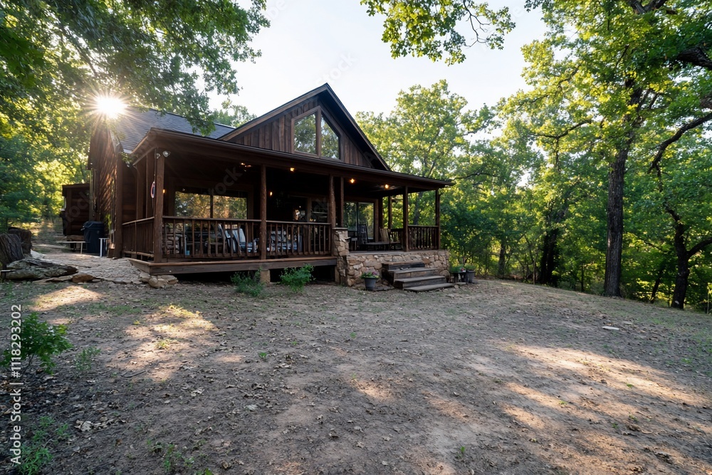 Cozy wooden cabin surrounded by trees in a natural setting. Cozy wooden cabin surrounded by trees in a natural setting.