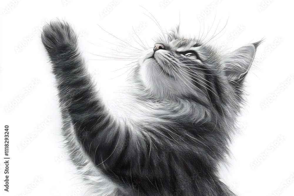 Artistic pencil sketch of stretching cat capturing its playful essence and smooth lines leaving room for designs about pets or love Artistic pencil sketch of stretching cat capturing its playful essence and smooth lines leaving room for designs about pets or love