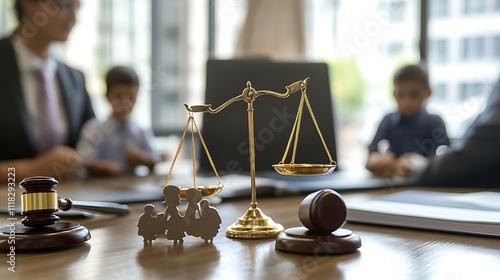 Family law consultation scales of justice, gavel, and family figurine on a table with blurred lawyers and children in the background.