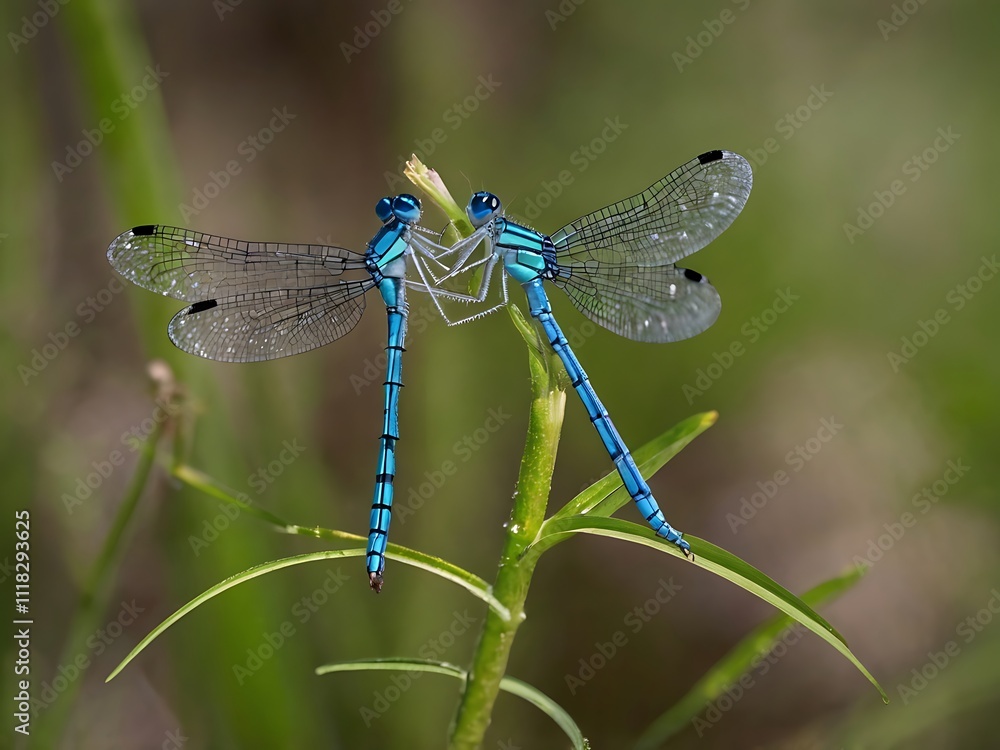 Two Azure Damselflies Mated On A Green Stem Two Azure Damselflies Mated On A Green Stem