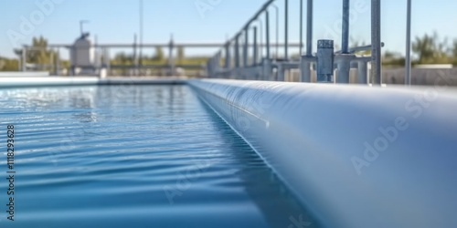 Middle Eastern desalination plant for Industrial wastewater treatment pipe along tranquil blue water edge