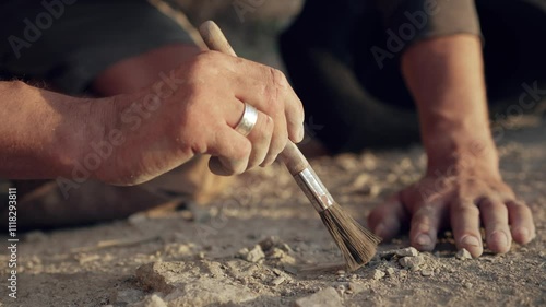 Archaeologist Carefully Excavating with a Brush at a Dig Site