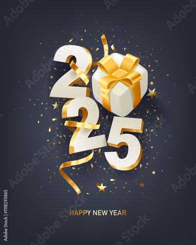 Happy New Year 2025. White 3D numbers with golden ribbons, gift box and confetti on a dark blue background.
