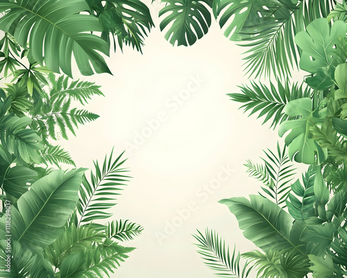 Lush green tropical leaves frame a blank space.