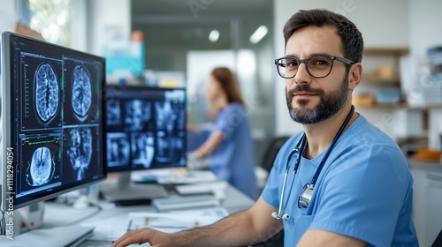 Doctor analyzing brain scans at a medical workstation.