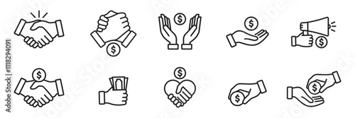 Business marketing icon set in line style. Containing agreement, donation, handshake, partnership, money, social media, megaphone, sponsor, purchase, Vector illustration