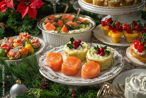 A luxurious Christmas brunch scene, with smoked salmon, quiches, and fruit parfaits elegantly displayed on a table set with sophisticated dinnerware and lush holiday florals. photo