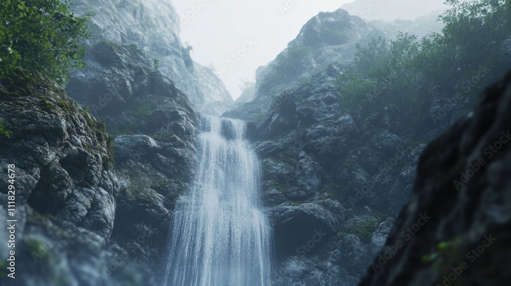Misty waterfall cascading down rocky canyon. Misty waterfall cascading down rocky canyon.
