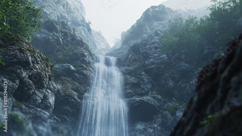 Misty waterfall cascading down rocky canyon.