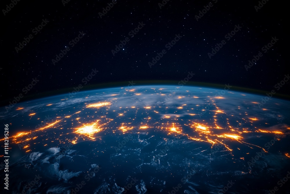 Fototapeta premium Earth at night, city lights illuminate the globe from space.