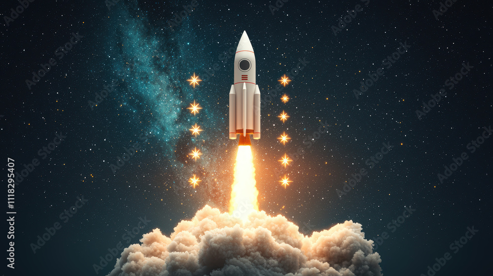 symbolic rocket launching into galaxy, surrounded by stars and clouds, evokes sense of wonder and exploration symbolic rocket launching into galaxy, surrounded by stars and clouds, evokes sense of wonder and exploration