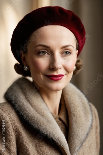 Refined woman in a 1940s wool coat with fur collar and crimson beret, exuding vintage elegance photo