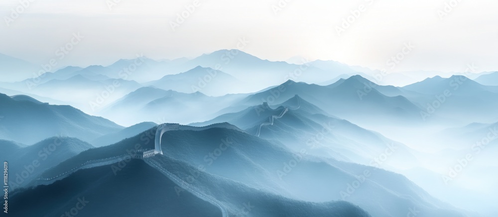 Serene misty mountains with a glimpse of the Great Wall. Serene misty mountains with a glimpse of the Great Wall.