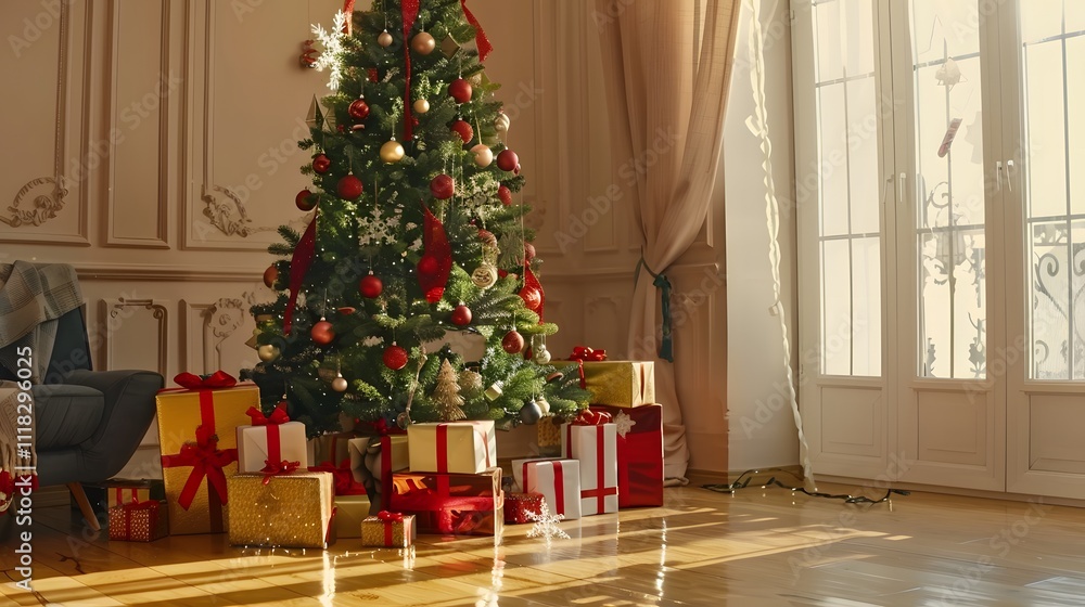 Luxurious Christmas Tree Decorated with Red and Gold Ornaments in Sunlit Living Room Luxurious Christmas Tree Decorated with Red and Gold Ornaments in Sunlit Living Room