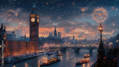 Magical Winter Night in London: Big Ben, Fireworks, and Snow