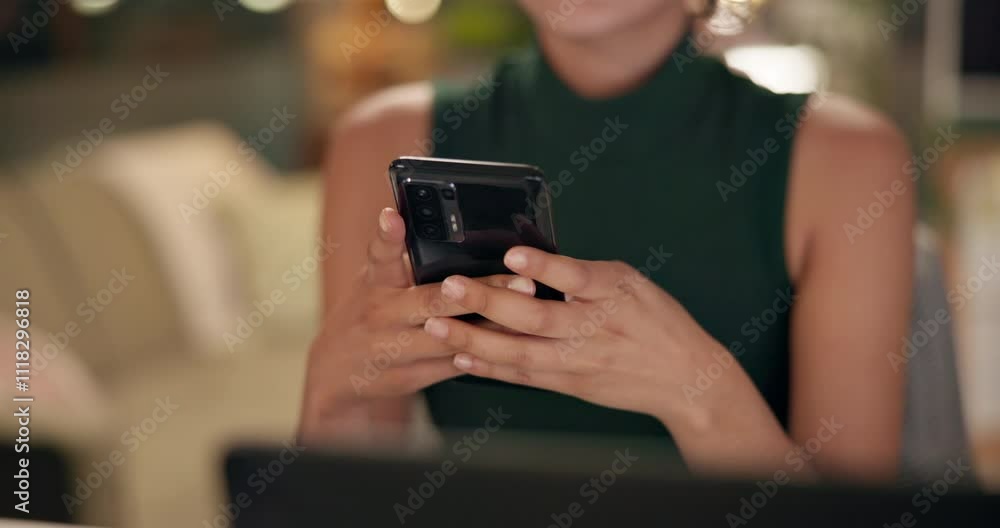 Hands, phone and remote work with business woman in home office at night for communication or development. Creative, design or web development with freelance employee typing text message in apartment Hands, phone and remote work with business woman in home office at night for communication or development. Creative, design or web development with freelance employee typing text message in apartment