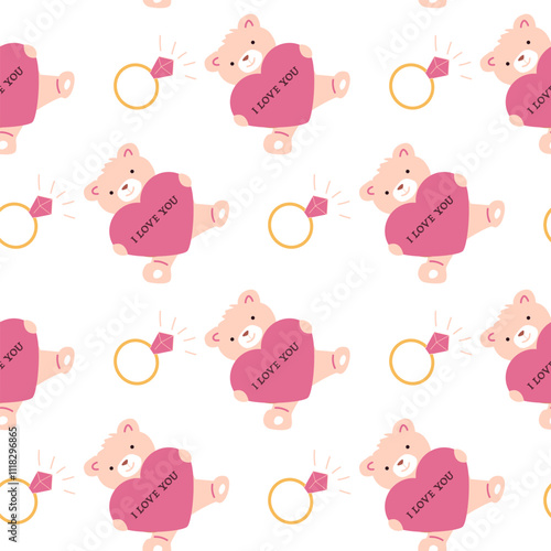Cute teddy bear pink heart pattern with rings and gems.