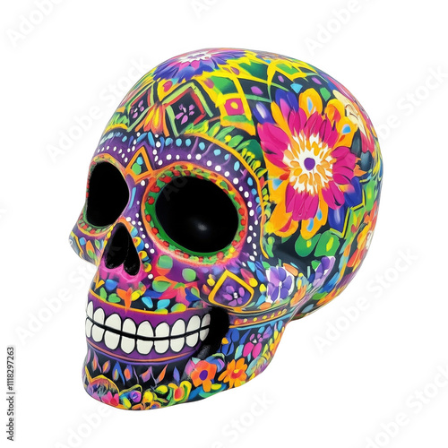 PNG Transparent Image of Vibrant Day of the Dead Skull with Colorful Floral and Geometric Patterns - Mexican Tradition Stock Photo