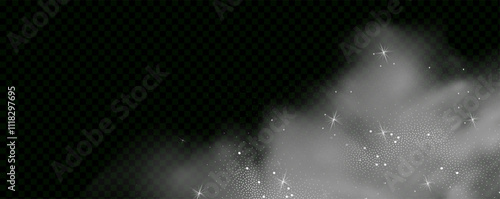 Vector illustration with vibrant, multicolored steam and vapor.Mystery dark background with glowing particles, stardust, and glittering stars, creating a colorful, ethereal fog.