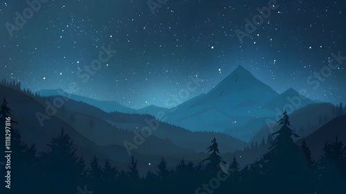 Silhouetted mountain peaks and pine forests under a tranquil starry night sky with soft blue haze background