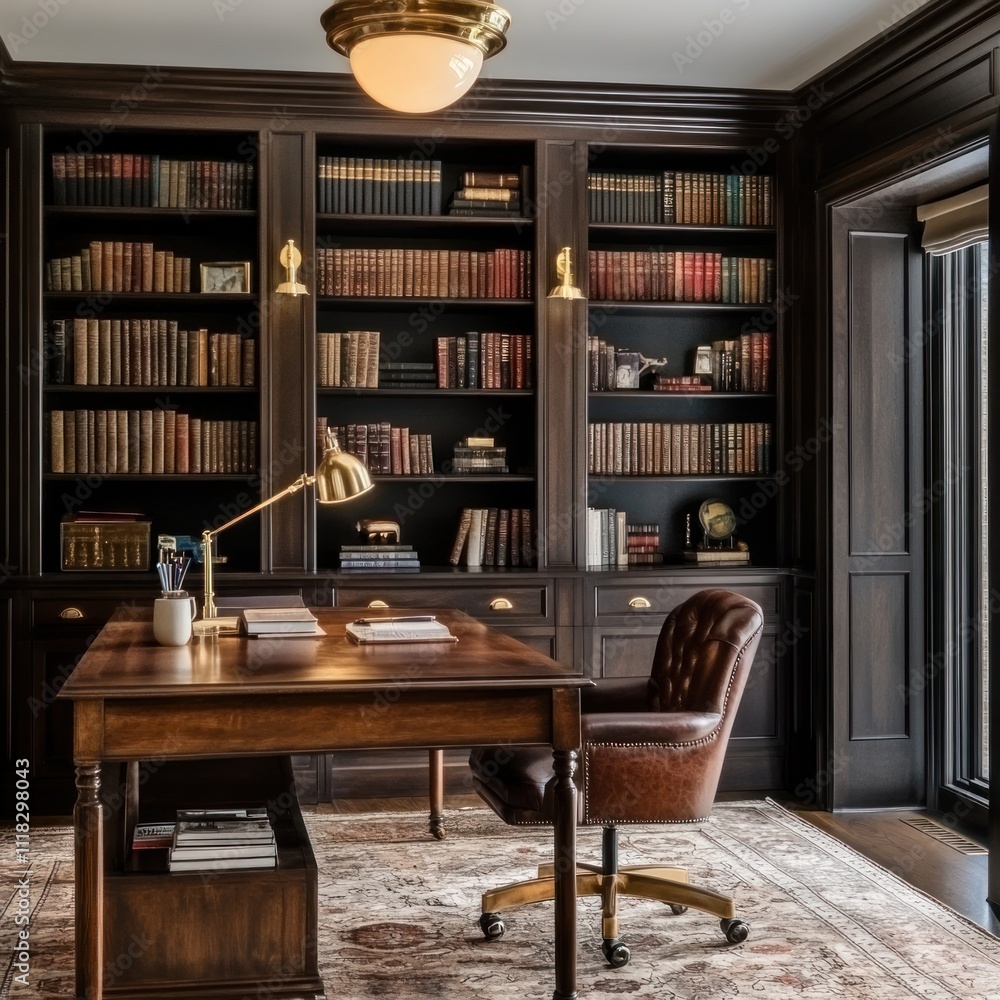 Elegant dark wood study with built-in bookshelves, large desk, leather chair, and antique lamp. Elegant dark wood study with built-in bookshelves, large desk, leather chair, and antique lamp.