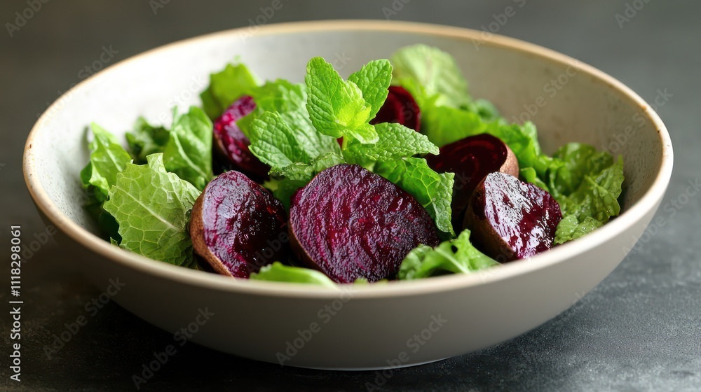 A minimal salad bowl with just a few roasted beets on a bed of greens, accented by a single sprig of mint A minimal salad bowl with just a few roasted beets on a bed of greens, accented by a single sprig of mint