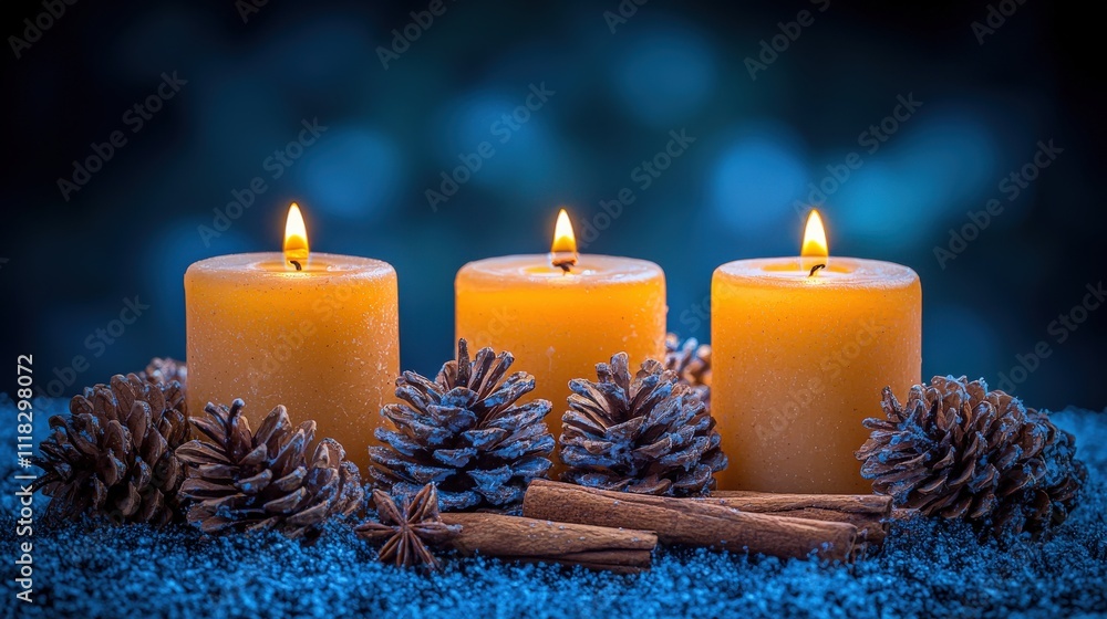 Three lit yellow candles surrounded by pine cones and cinnamon sticks, set against a blurred blue background, creating a warm, inviting atmosphere. Three lit yellow candles surrounded by pine cones and cinnamon sticks, set against a blurred blue background, creating a warm, inviting atmosphere.