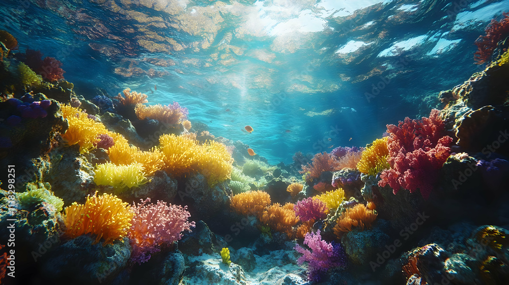 Obraz premium Underwater Coral Reef Illustration with Sun Rays