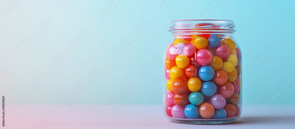 Colorful gumballs in a glass jar against a pastel background. Colorful gumballs in a glass jar against a pastel background.