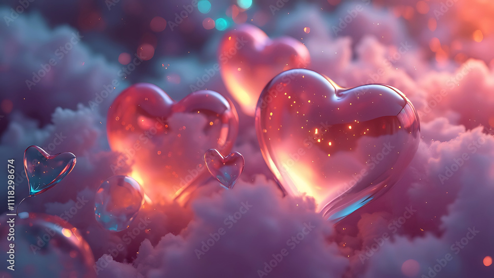 Dreamy 3D Heart Shapes with Sparkling Light Effects in a Magical Scene Dreamy 3D Heart Shapes with Sparkling Light Effects in a Magical Scene