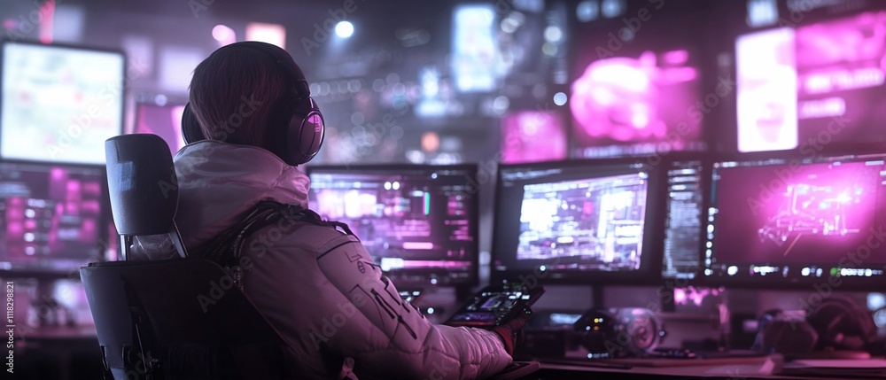 Gamer in futuristic setup with multiple monitors. Gamer in futuristic setup with multiple monitors.