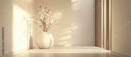 Minimalist room corner with sunlit flowers in a white vase.