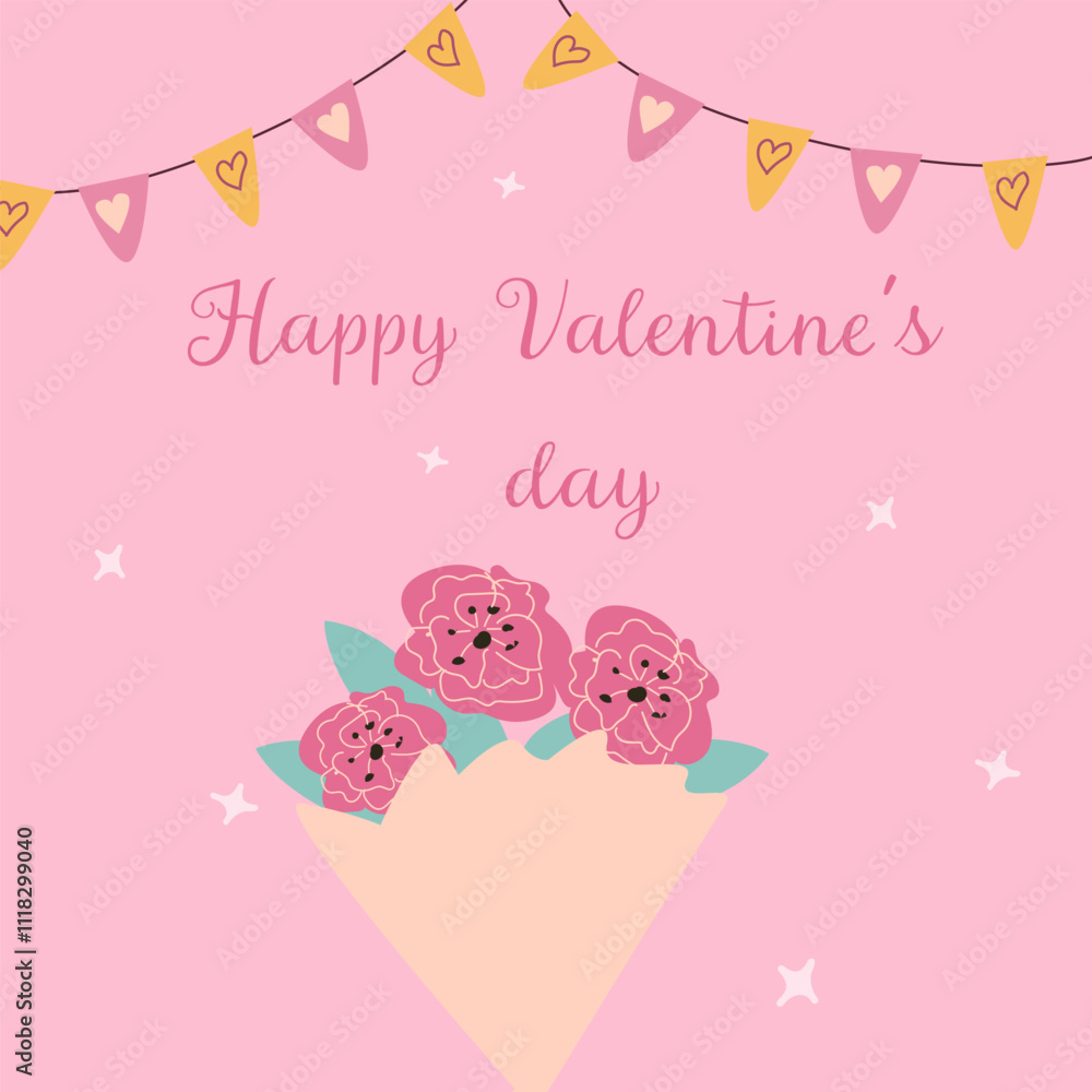 Pink valentine's day card with flower bouquet and heart garland. Pink valentine's day card with flower bouquet and heart garland.