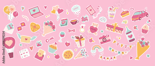 Colorful collection of Valentine Day stickers, cute love and celebration icons on pink background. Set of laptop, flowers, pie, cakes, camera, car and other romantic elements.