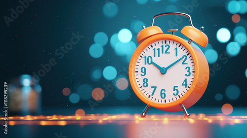 Bright orange alarm clock on glowing surface with bokeh background photo