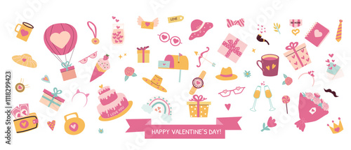 Valentine's day celebration icons with gifts, hearts, and love symbols.