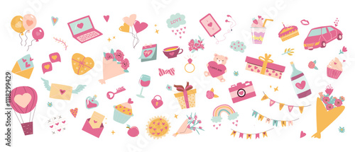 Colorful celebration icons of love and joy. Valentine Day elements, can use decorate for dairy, scrapbooking.