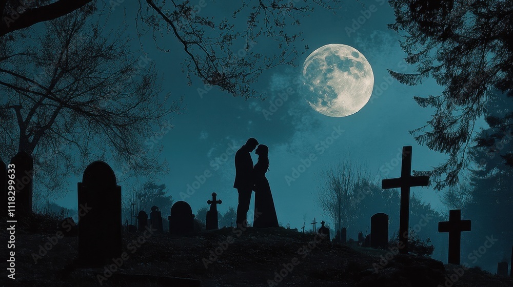 A couple silhouette stands under the moonlight in a serene graveyard, a hauntingly romantic scene of eternal love A couple silhouette stands under the moonlight in a serene graveyard, a hauntingly romantic scene of eternal love
