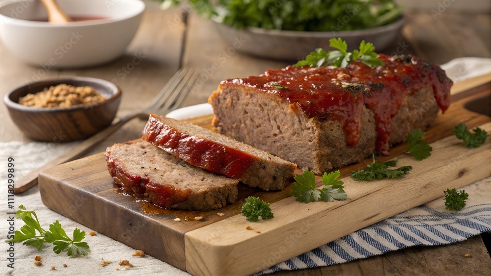 Classic meatloaf with a glaze of tomato sauce on a wooden serving board Classic meatloaf with a glaze of tomato sauce on a wooden serving board